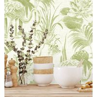 papel pintado vinilico ecologico de flamencos flores y plantas - flamingo palace 680669 de gaulan - rollo de 10 m x 053 m
