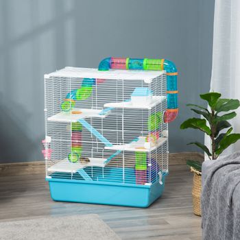 Jaula grande Pawut para hamsters, hábitat para roedores, 5 rodamientos con túneles, rueda de ejercicio de madera, cabina pequeña, báscula, iluminación tenue. 59L x 36l x 69H