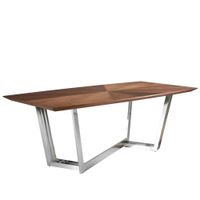 mesa comedor ovalada barril nogal y acero cromado