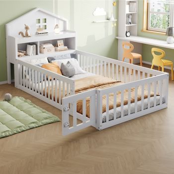 Cama Cabina 90x200 Cm Con Cabecero - Estantes De Almacenaje, Barrera Y Puerta - Contrachapado + Mdf + Pino - Blanco (sin Colchón)