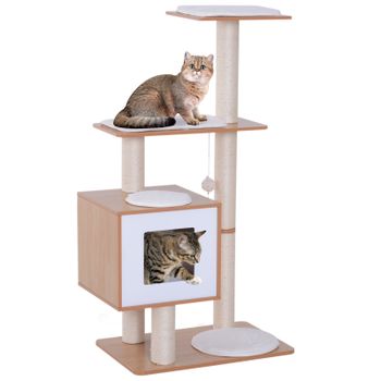 PawHut Árbol Rascador para Gatos de Madera 71,5x49,5x120 cm Torre con Cueva Plataformas Cojines de Felpa Bolas Colgantes Natural   Aosom España