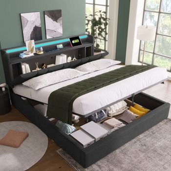Cama Doble Acolchada Con Cabecera De Almacenamiento, Puerto Usb E Iluminación Led, Somier De Lamas De Madera, 140x190 Cm, Gris