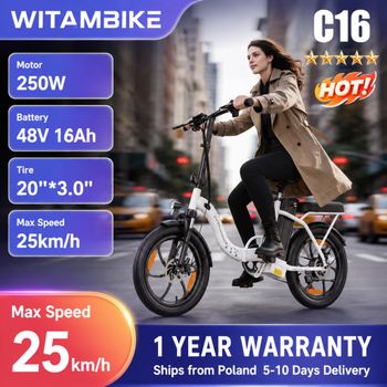 Bicicleta eléctrica plegable WITAMBIKE C16 de 20 pulgadas, batería de 48V 16Ah, motor de 250W, 7 velocidades, hasta 100 km de autonomía, neumáticos gruesos, suspensión de resorte, certificación CE