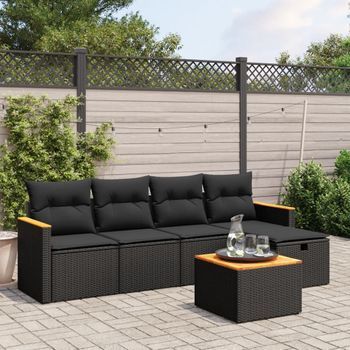 Conjunto De Sofás De Jardín 6 Uds | Mueble Jardin Mesa Y Sillas Y Cojines Ratán Sintético Negro Cfw965088