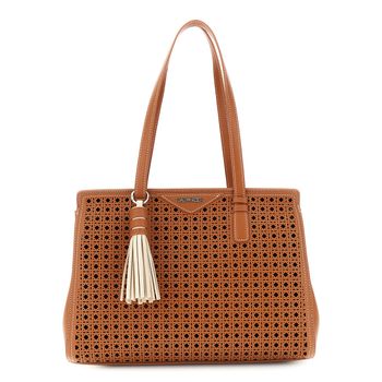 bolso de compras en material efecto piel con elegante perforación geométrica en la parte delantera. tan taglia unica