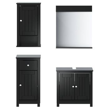 Juego De Muebles De Baño | Armario De Baño Berg 4 Piezas Madera Maciza Pino Negro