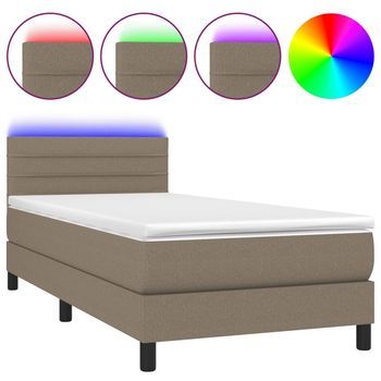 Cama Individual | Cama Para Adultos | Cama Box Spring Colchón Y Luces Led Tela Gris Taupe 90x200 Cm