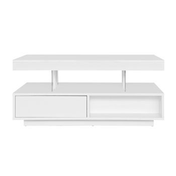Mesa De Centro Con Led - Cajón Y Compartimentos Abiertos - Blanco