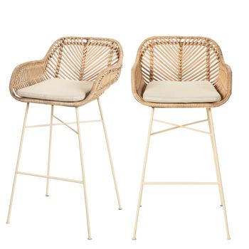 Lote de 2 taburetes de bar de ratán con patas beige de 68cm - natural