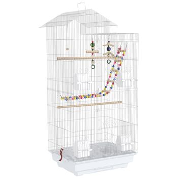 PawHut Pajarera con Múltiples Puertas 4 Comederos 3 Perchas Columpio Escaleras y Bandeja Extraíble 46x36x100 cm Blanco