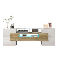 mueble de tv blanco alto brillo 145 cm con iluminacion led y gran almacenaje mdf blanco y madera