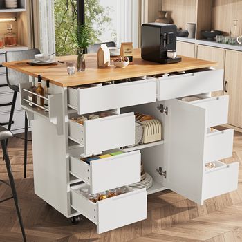 Isla De Cocina Con Ruedas, 8 Cajones Y Mesa Plegable, Blanca
