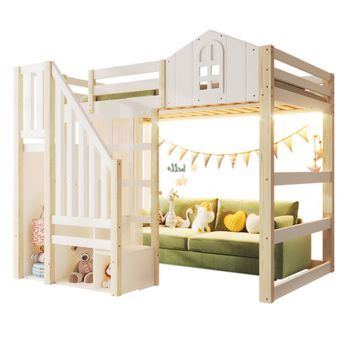 Cama Tipo Altillo De 140x200 Cm Con Iluminación Led, Escalera Con Almacenaje Y Ventana. Color Blanco Y Natural.