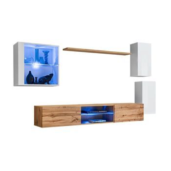 Conjunto De Muebles De Salón Switch Xxiii – Led – Blanco Y Roble – Diseño Suspendido