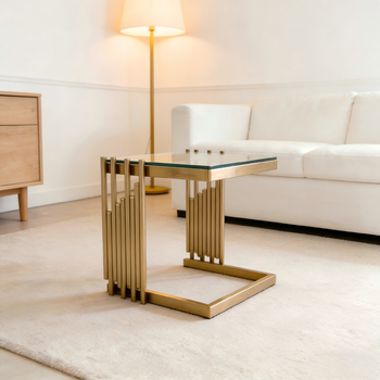 Mesa Auxiliar - Salón Y Dormitorio - Cristal Y Acero - Dorado Y Transparente (41x41x46cm)