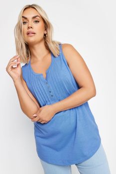 Yours Camiseta Azul Denim Sin Mangas De Algodón Con Jaretas, Mujer Curvy Y Tallas Grandes, Yours