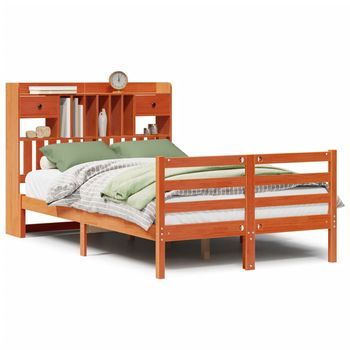 Cama Matrimonial | Cama Para Adultos | Cama Con Estantería Sin Colchón Madera Maciza Marrón 135x190cm