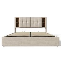 cama canape tapizada 140x200cm con carga inalambrica y cabezal de almacenamiento tela de lino beige