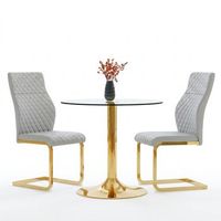 conjunto de comedor juego de comedor para 2 personas con mesa de cristal templado redonda 85cm y 2 sillas de comedor gris claro diseno lujo en metal dorado