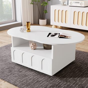 Mesa de centro blanca forma nube con cajón y nicho