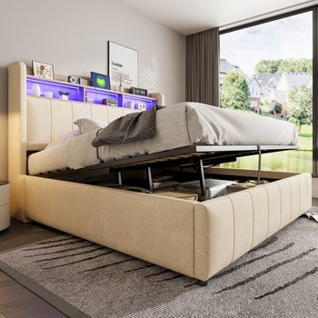 Cama Doble Adultos 160x200 Cm Lino Beige Con Led, Usb, Cabecero Con Estanterías, Almacenamiento Hidráulico Y Estructura Acolchada.