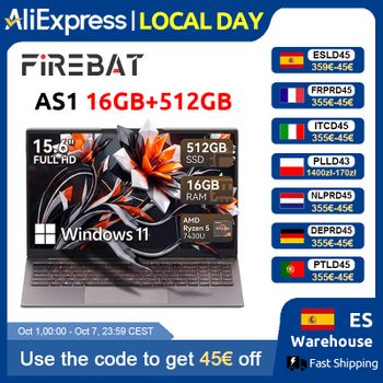 Portátil Firebat AS1 AMD R5 7430U 16GB DDR4 512GB SSD 15.6 Pulgadas Windows 11 Notebook Tipo-C WIFI6 Teclado Retroiluminado de Tamaño Completo
