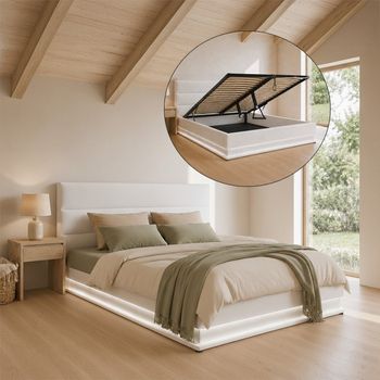 Cama Canapé De Matrimonio | Cama Doble Con Cabecero Y Canapé Led | Somier Lamas | Blanco | Madera Y Polipiel | Modelo Nitas | Para Colchón 160x200
