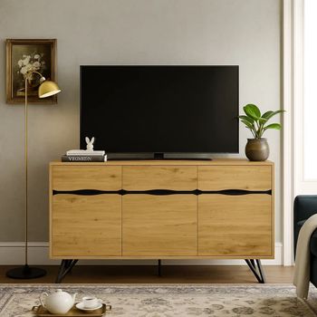 Mueble de TV de madera natural con cajones y puertas