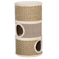pawhut tonel rascador para gatos con 3 niveles barril de rascado con plataforma cama comoda 375x375x70 cm marron claro y beige   aosom espana