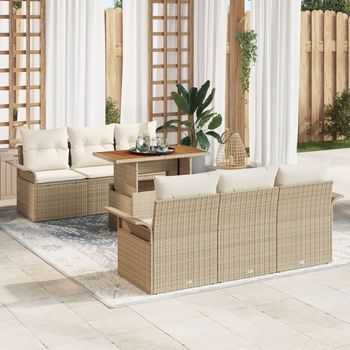 Conjunto De Sofá De Jardín De 7 Piezas Con Cojines Beige Ratán Poliéster Acacia V3946 Unico / Beige