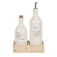 vinagrera y aceitera de ceramica blanca y soporte de sauce trenzado