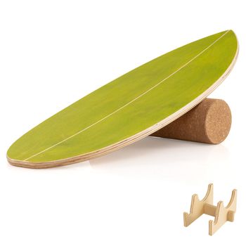 Costway Tabla de Equilibrio Adultos Con Rodillo de Corcho y Estante Para Fortalecer Núcleo y Entrenamiento Surf Oscilante Verde y Natural