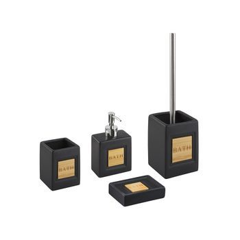 Conjunto De Accesorios De Baño De Dolomita Dispensador Jabonera Escobilla Recipiente Minimalista Negro Kourou