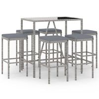 mesa y taburetes altos jardin y cojines 7 piezas ratan pe gris