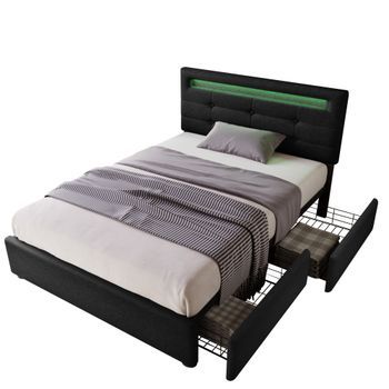 Cama Individual Tapizada De 90 X 200 Cm - Estructura De Cama Con Iluminación Led - Base De Láminas De Madera - Color Negro