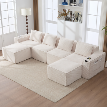 Sofá Modular De 4 Plazas Con 2 Reposapiés - Mueble Para Salón - Pana - Beige (330x162x75cm)