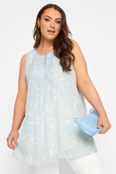 Yours Blusa Azul Floral Sin Mangas Con Jaretas, Mujer Curvy Y Tallas Grandes, Yours