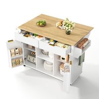isla de cocina con ruedas encimera abatible y 2 cajones 143x45x895cm mdf blanco y natural