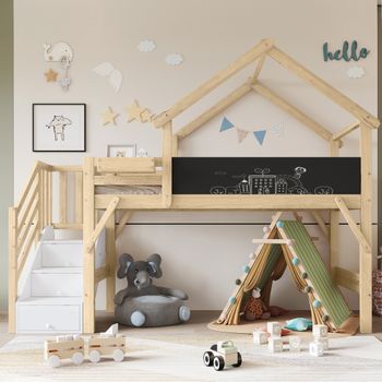 Cama Litera Infantil Cabaña 90x200 Cm Blanco/natural Con Barrera, Tablero Para Pintar Y Escalera Con 3 Cajones, Pino Y Mdf.