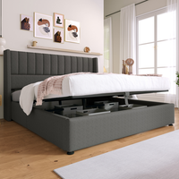 cama de almacenamiento doble tapizada hidraulica 140x200cm con somier de listones de madera lino gris