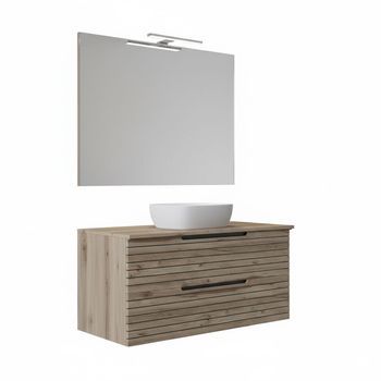 Kibath Mueble De Baño Con Lavabo, Espejo Y Aplique Led Ken 80x45 Cm Sobre Encimera Acabado Desierto Mate 2 Cajones Suspendido