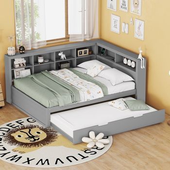 Sofá Cama Doble 140x200 Con Cama Abatible 90x190, Toma Usb Y Compartimentos De Almacenamiento, Madera Maciza, Gris