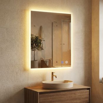 Costway Espejo LED para Baño 70x50cm Espejo Rectangular de Pared con Antivaho Memoria 3 Colores de Luz Control Táctil