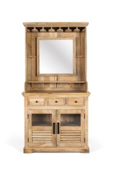 Mueble botellero fabricado en madera de mango con espejo central