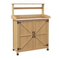 outsunny mesa de trasplante mesa de jardineria con armario y estantes y bandeja patas antideslizantes en madera de pino amarillo   aosom espana