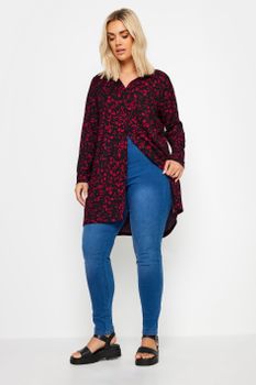 Yours Camisa Larga Negra Y Roja De Flores Con Textura, Mujer Curvy Y Tallas Grandes, Yours