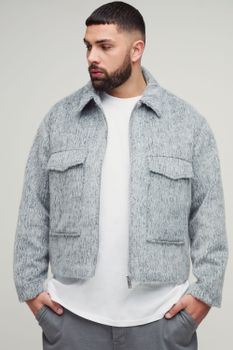 Chaqueta Plus Cargo Elegante De Mezcla De Lana Con Cremallera, Gris