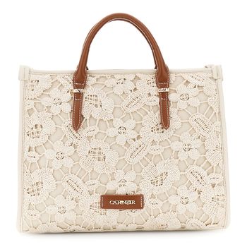 bolso shopping pequeño de macramé con asas efecto piel ecru