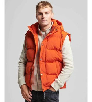 Superdry para hombre. M5011708A Chaleco acolchado con capucha Everest naranja (S), Casual, Sostenible, Nylon reciclado