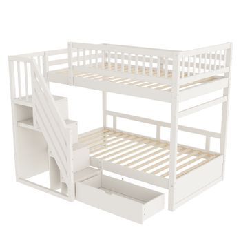 Litera Blanca De 90 X 200 Cm Con Escalera De Almacenaje, Armario Y Cajón